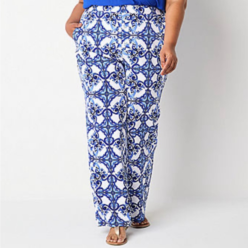 Liz Claiborne Plus Sateen Straight Fit Blue White Tile Print Trouser Pull On 3X